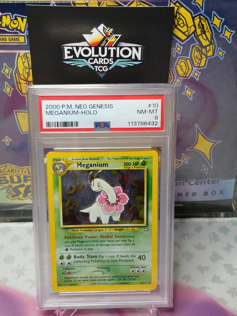Load image into Gallery viewer, Pokemon TCG PSA 8 Meganium Neo Genesis 2000 Unlimited Holo Rare 10/111
