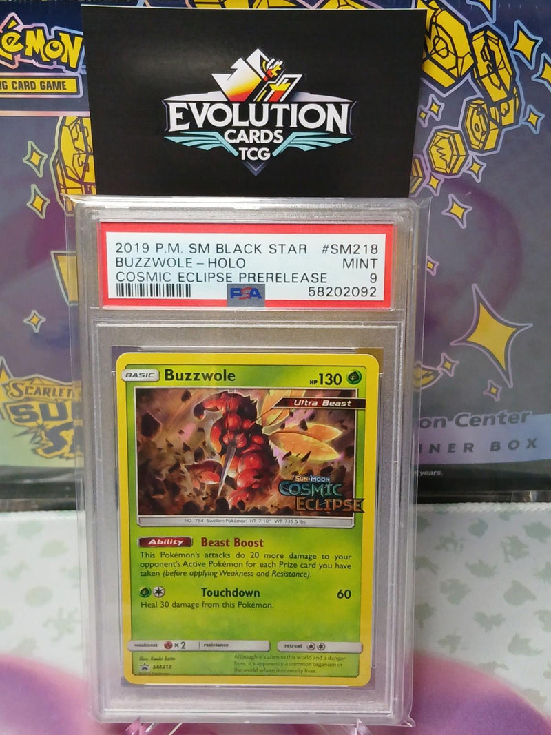 Load image into Gallery viewer, Pokemon TCG SM Black Star Promo Cosmic Eclipse Prerelease Buzzwole #SM218 PSA 9
