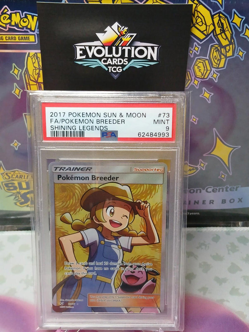Load image into Gallery viewer, Pokemon TCG PSA 9 Pokemon Breeder 73/73 - S&amp;M Shining Legends FA Trainer Mint
