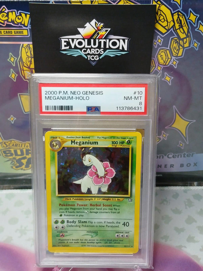Load image into Gallery viewer, Pokemon TCG PSA 8 Meganium Neo Genesis 2000 Unlimited Holo Rare 10/111
